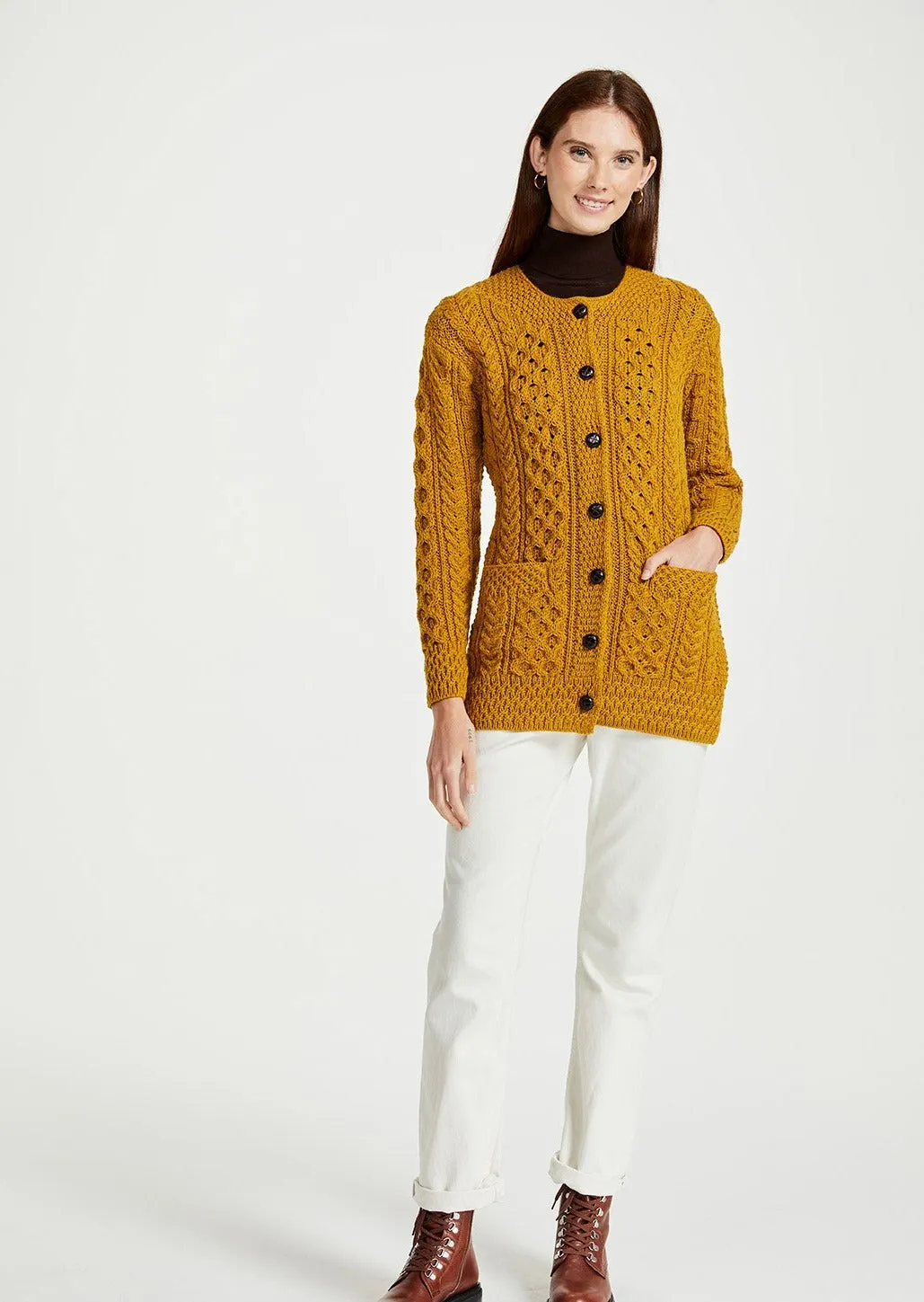 Basket Weave Aran Cardigan | Mustard