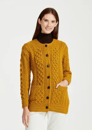 Basket Weave Aran Cardigan | Mustard