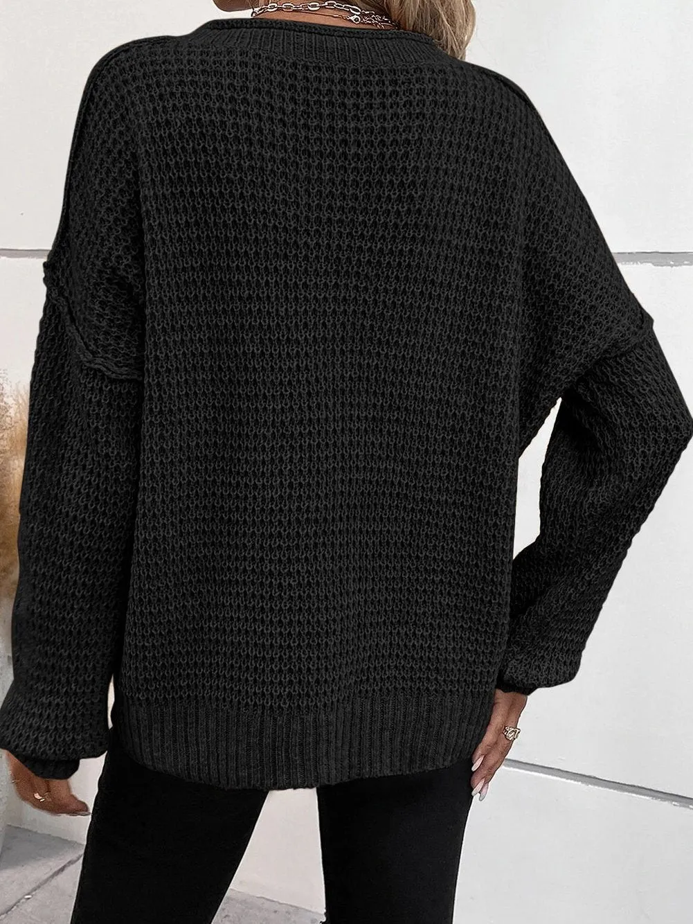 Black V Neck Button Detail Drop Shoulder Sweater in Pointelle Knit