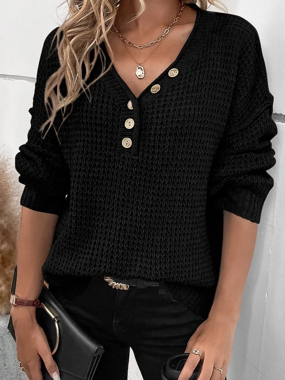 Black V Neck Button Detail Drop Shoulder Sweater in Pointelle Knit