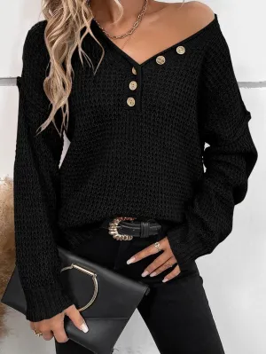 Black V Neck Button Detail Drop Shoulder Sweater in Pointelle Knit