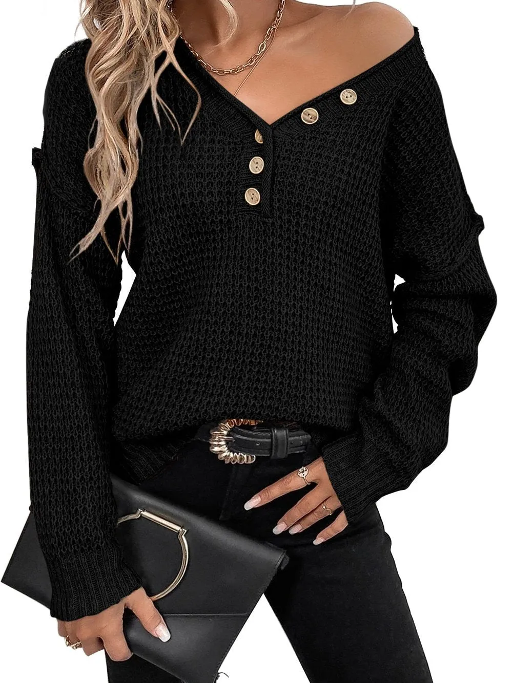 Black V Neck Button Detail Drop Shoulder Sweater in Pointelle Knit