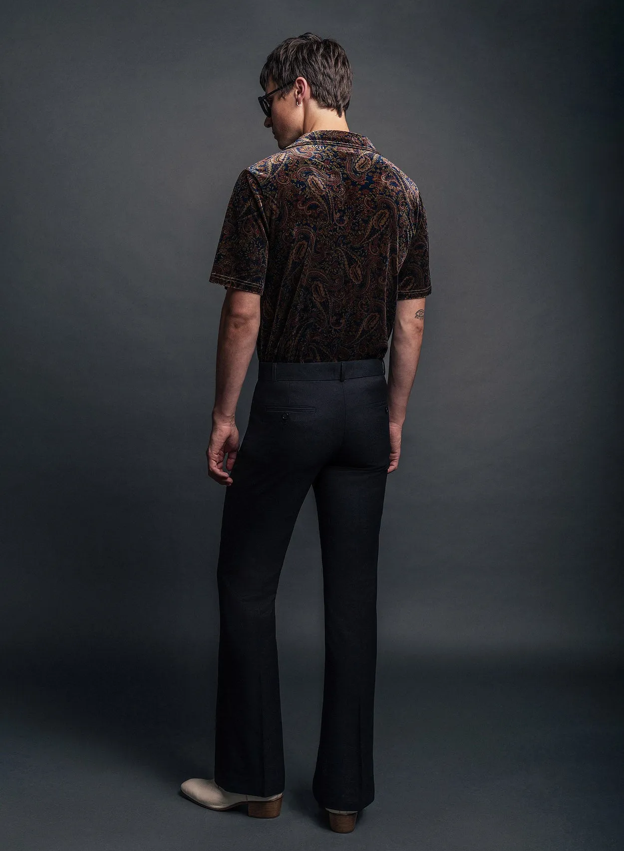 Black Wool Gold Button Flare Trouser