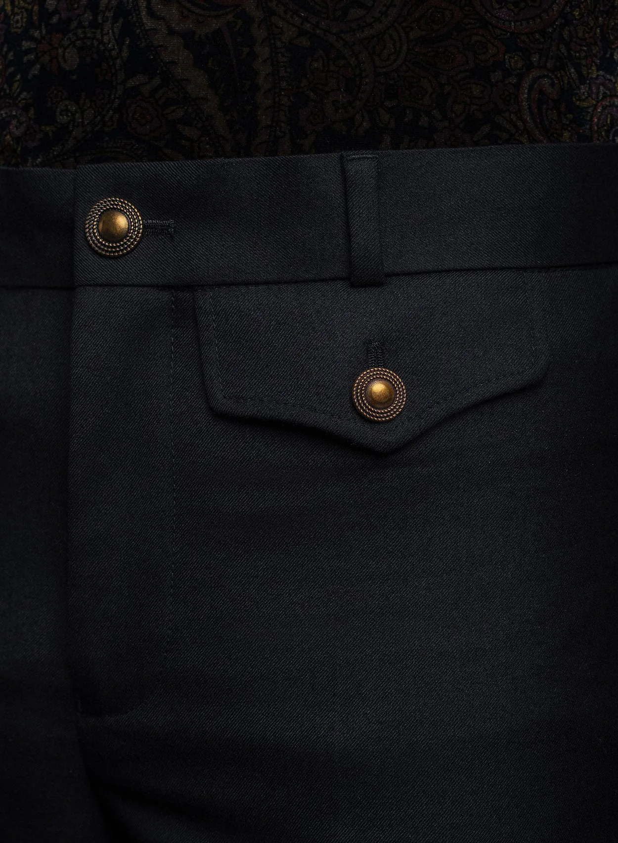 Black Wool Gold Button Flare Trouser