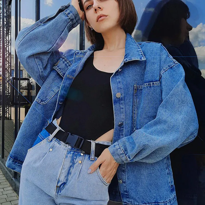 Blue Jean Denim Jacket Oversized Coat Winter Casual Big Pocket Jacket