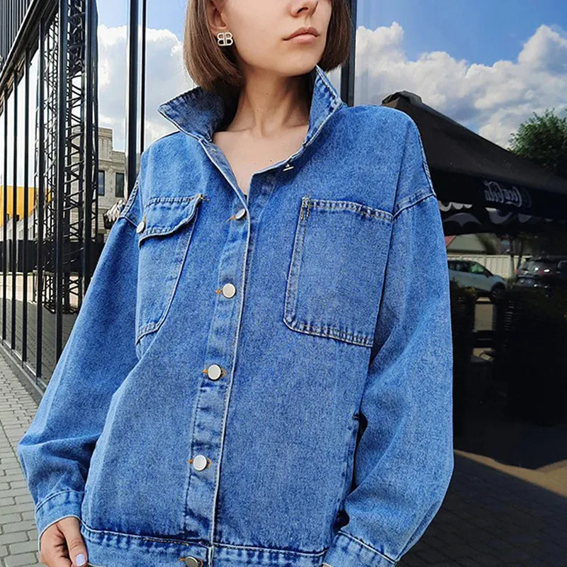 Blue Jean Denim Jacket Oversized Coat Winter Casual Big Pocket Jacket