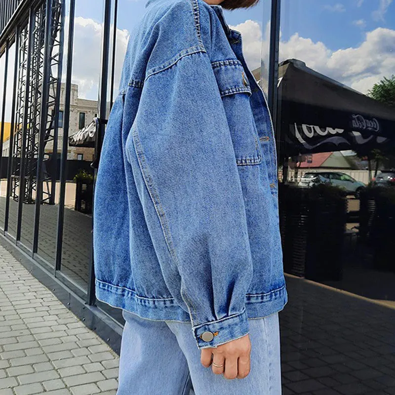 Blue Jean Denim Jacket Oversized Coat Winter Casual Big Pocket Jacket