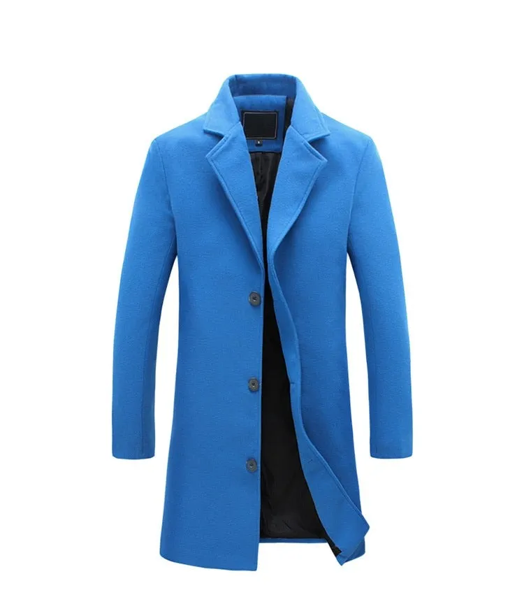 BRADFORD Design Collection Men's Fashion Royal Blue Premium Quality Long Wool Blend Solid Coat