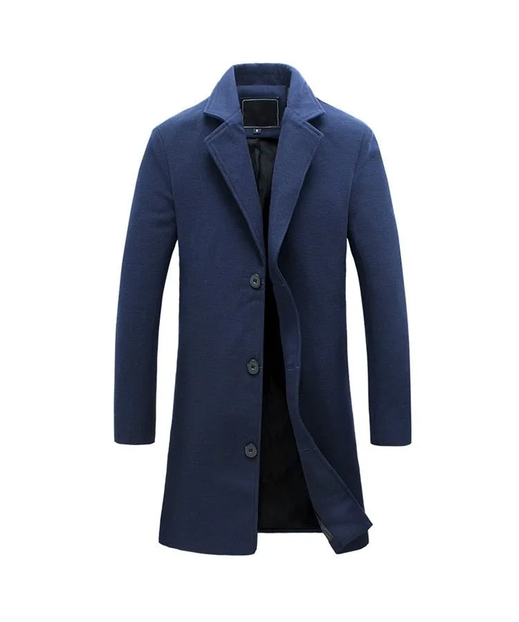 BRADFORD Design Collection Men's Fashion Royal Blue Premium Quality Long Wool Blend Solid Coat