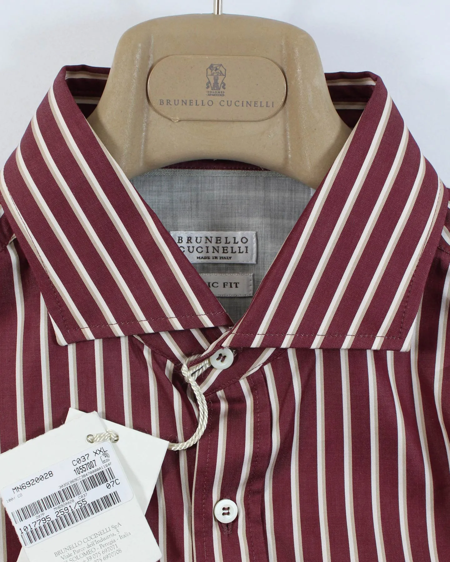 Brunello Cucinelli Shirt Maroon Stripes XXL Spread Collar SALE