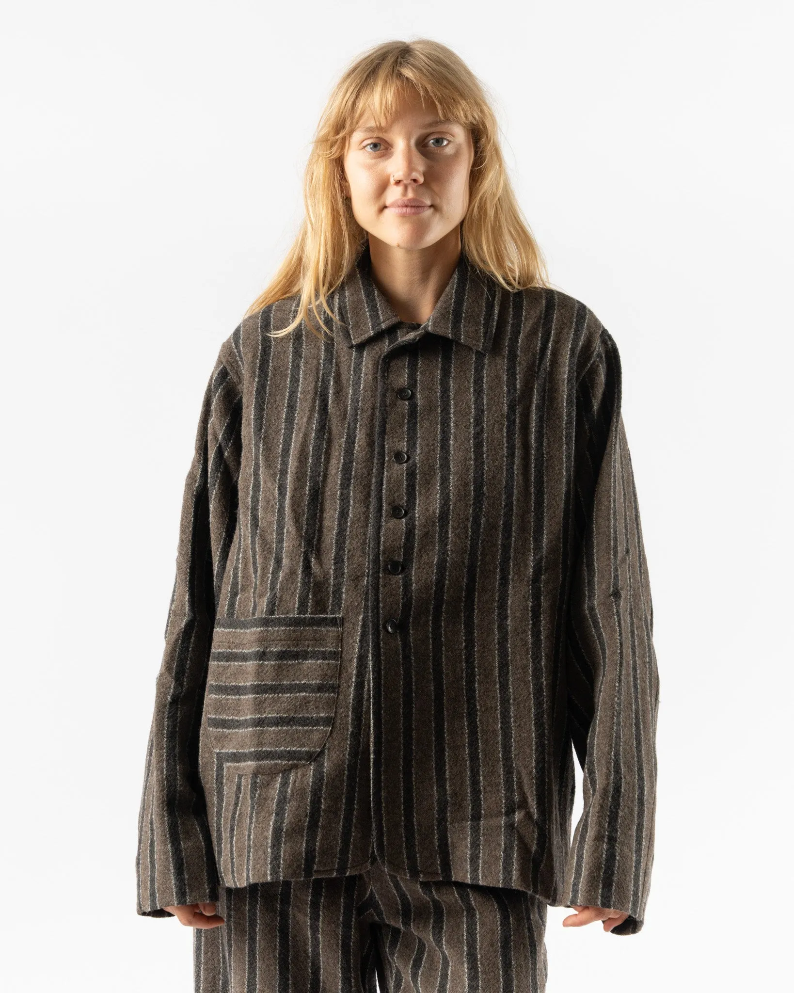 Cawley Japanese Boucle Wool Sandy Jacket in Brown/Charcoal Stripe