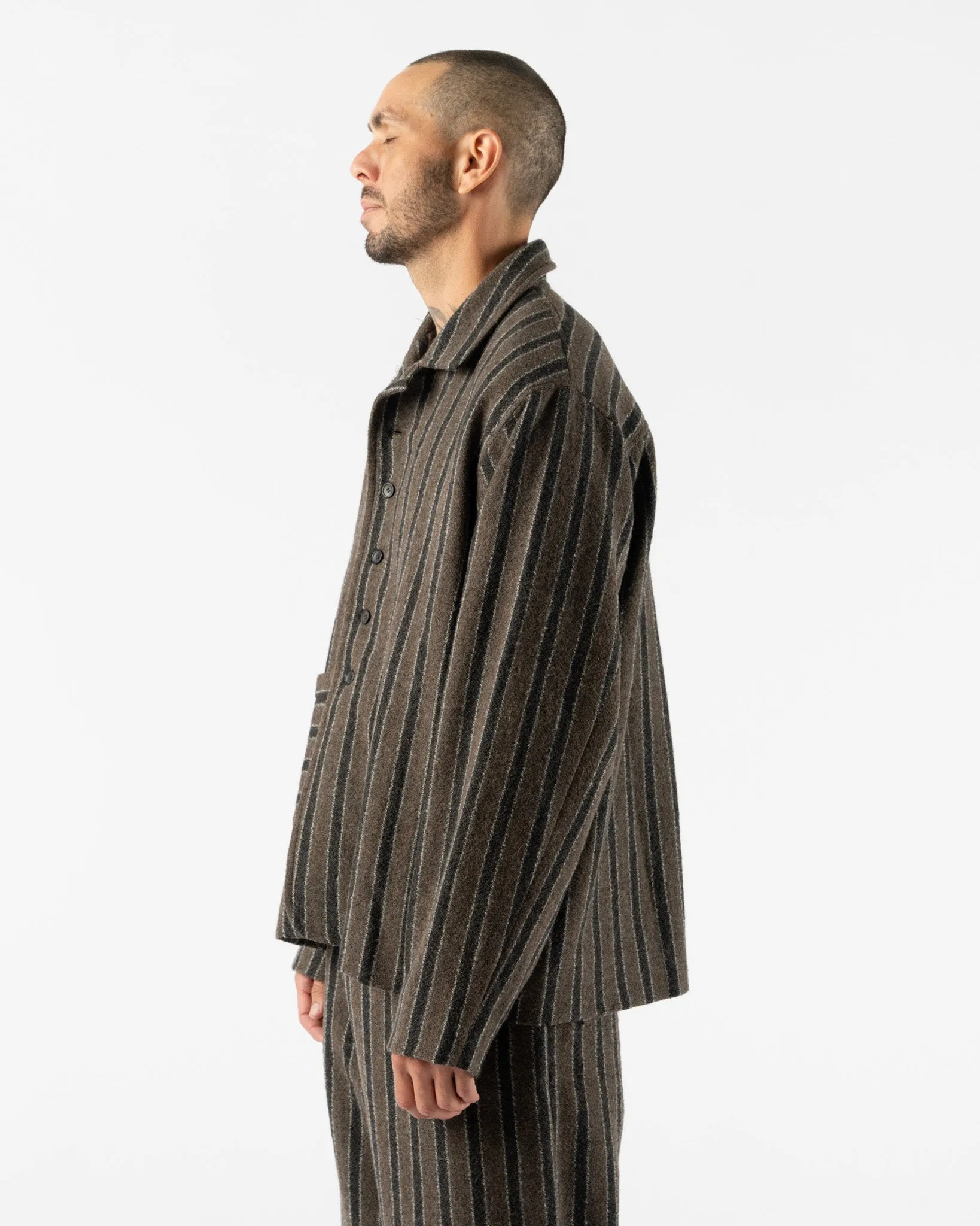 Cawley Japanese Boucle Wool Sandy Jacket in Brown/Charcoal Stripe