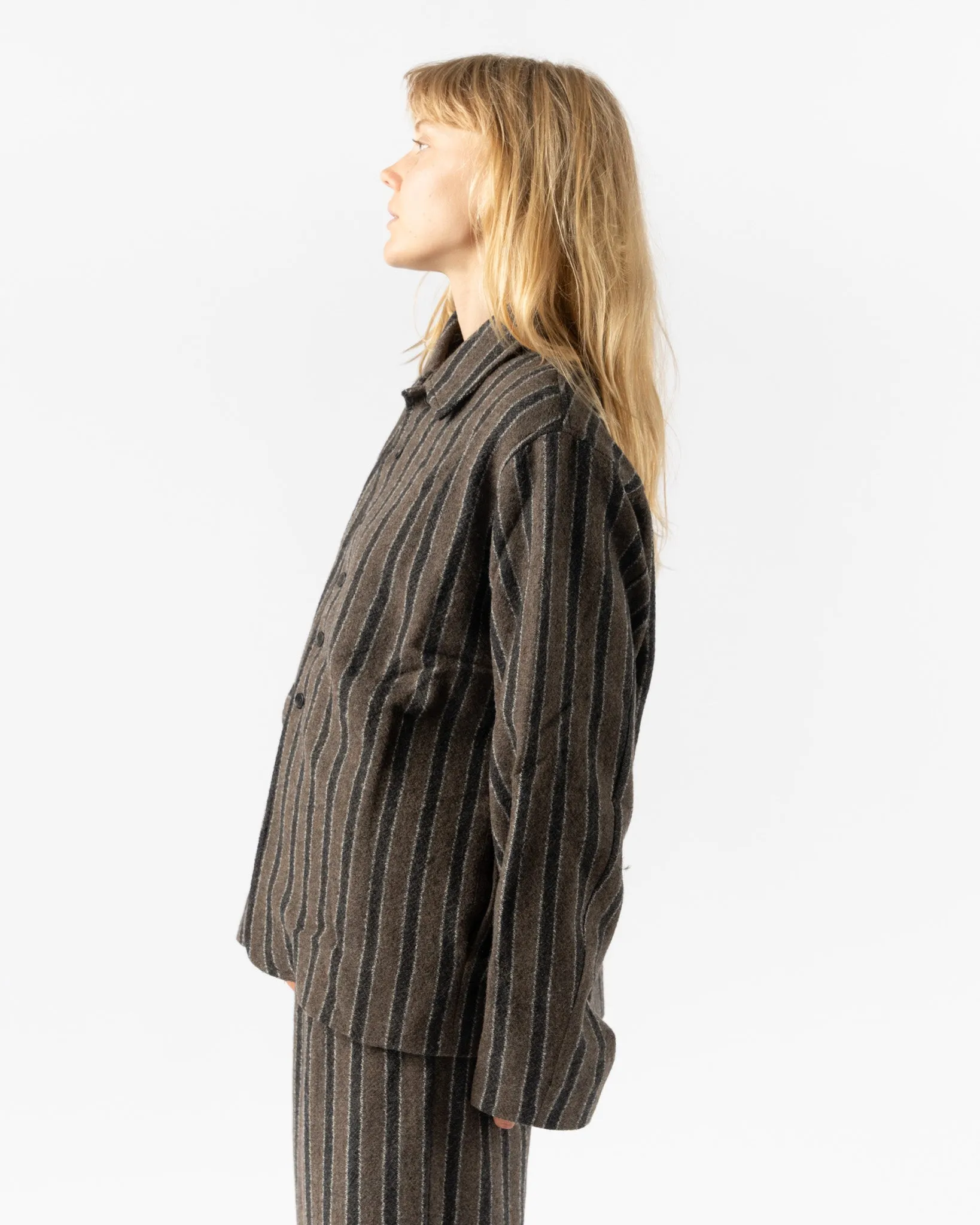 Cawley Japanese Boucle Wool Sandy Jacket in Brown/Charcoal Stripe