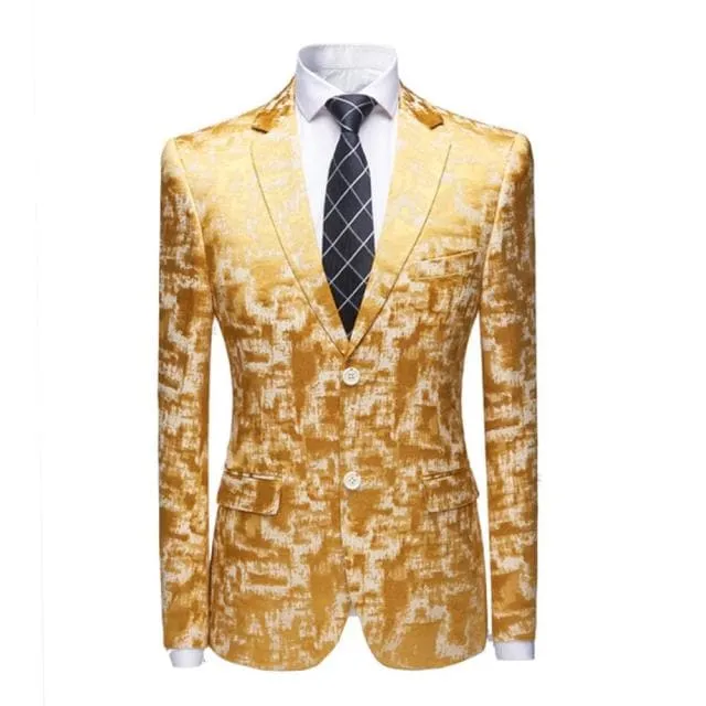 CGSUITS Men's Fashion Luxury Style Abstract Jacquard Golden Yellow Beige Blazer Suit Jacket