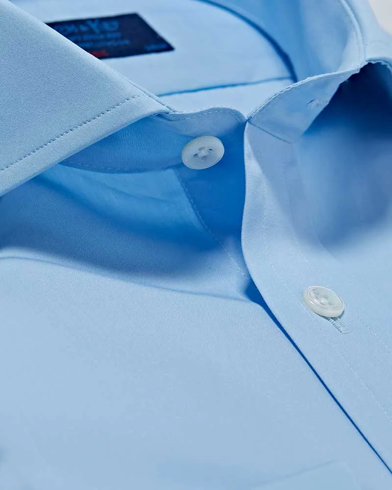 Classic Fit Plain Ice Blue Cotton Poplin Shirt with Cut-away Collar & Double Cuff