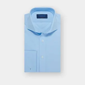 Classic Fit Plain Ice Blue Cotton Poplin Shirt with Cut-away Collar & Double Cuff