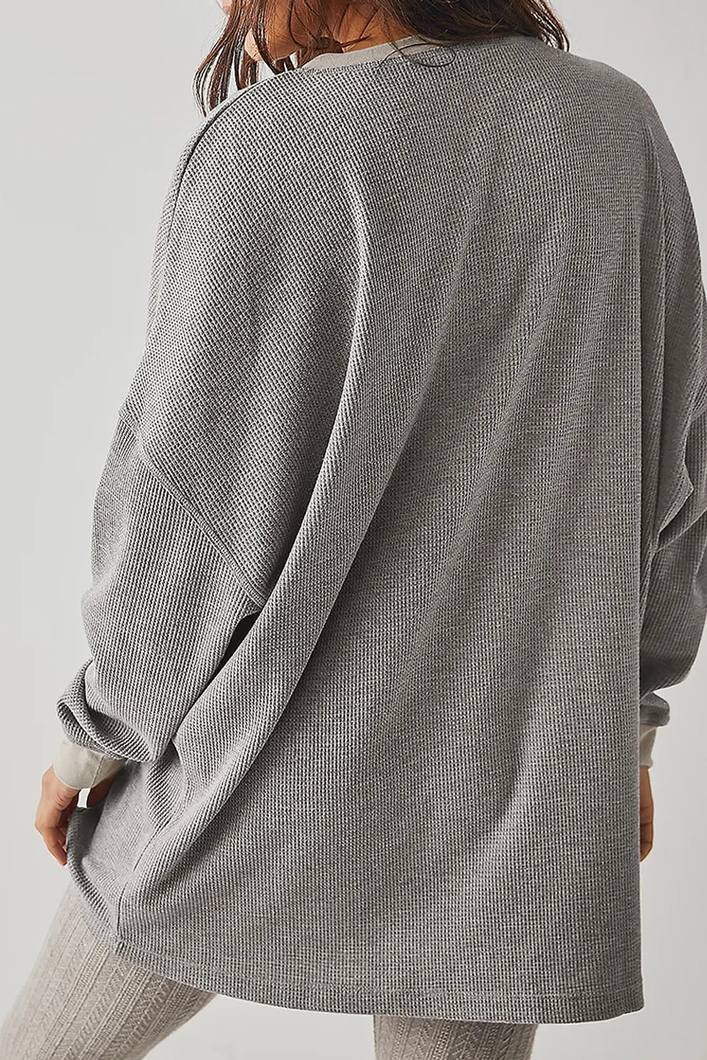 Cozy Thermal Waffle Knit Color Block Pullover Sweatshirt