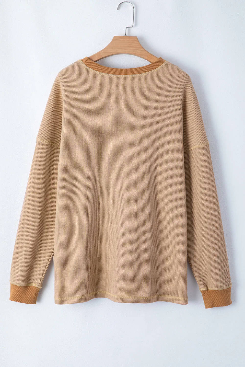 Cozy Thermal Waffle Knit Color Block Pullover Sweatshirt