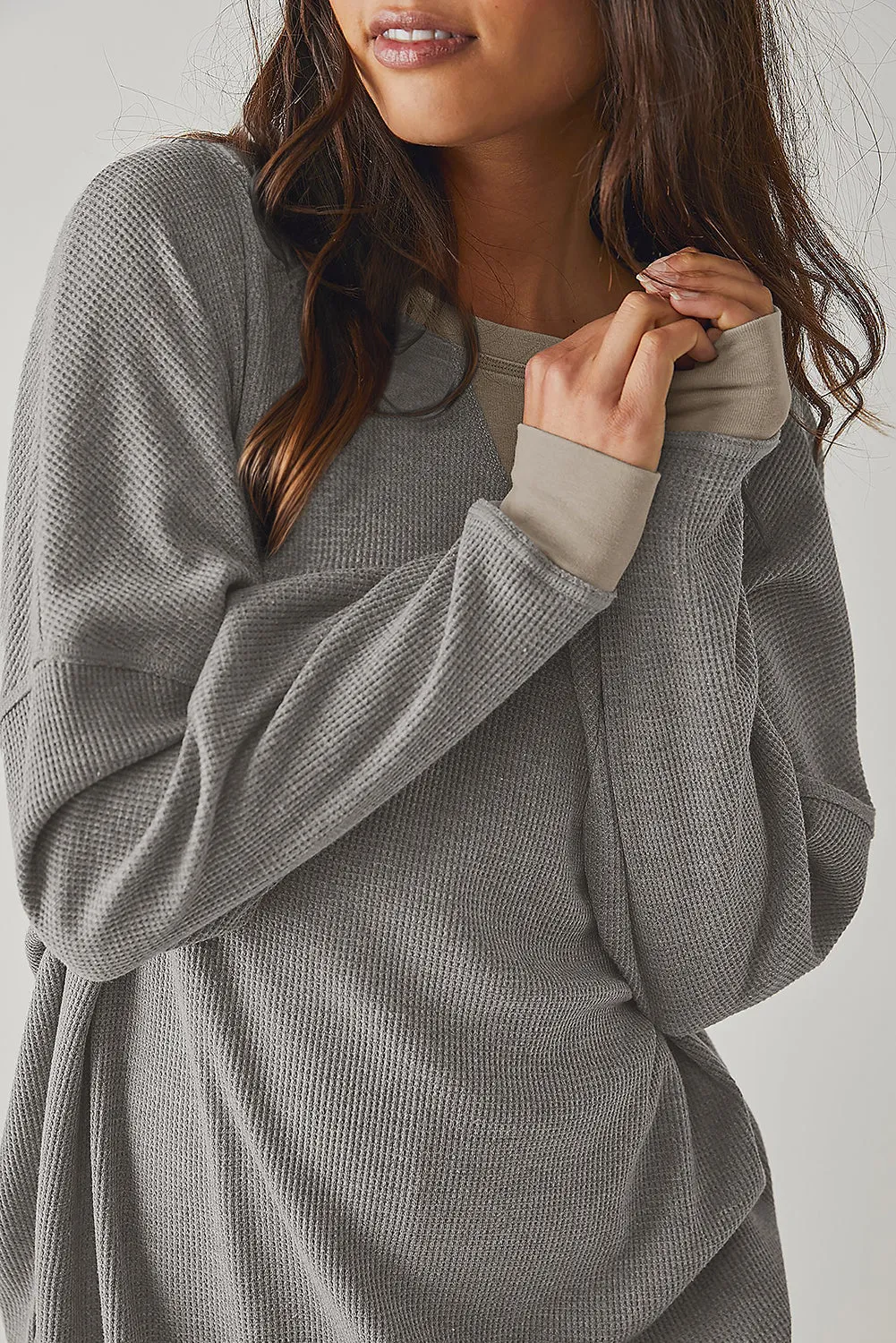 Cozy Thermal Waffle Knit Color Block Pullover Sweatshirt