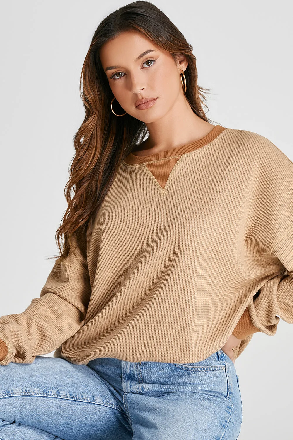 Cozy Thermal Waffle Knit Color Block Pullover Sweatshirt