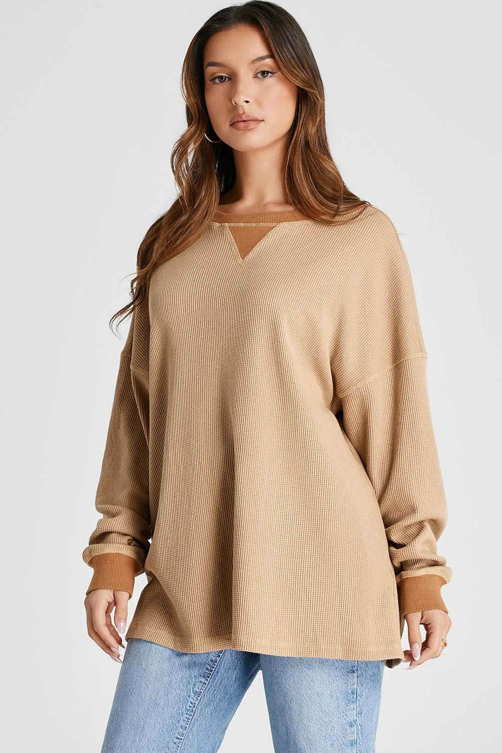 Cozy Thermal Waffle Knit Color Block Pullover Sweatshirt