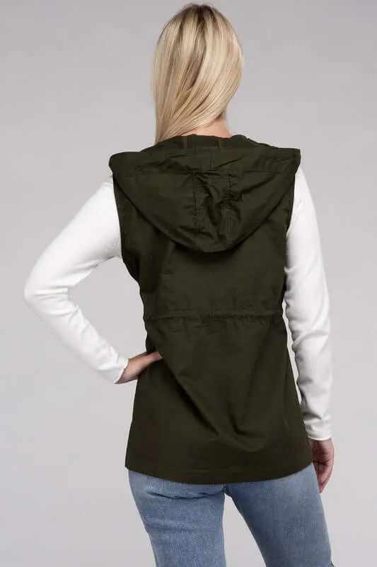 Drawstring Waist Military Hoodie Vest Jacket