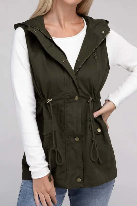 Drawstring Waist Military Hoodie Vest Jacket