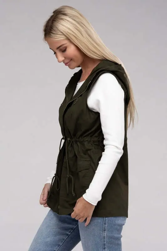 Drawstring Waist Military Hoodie Vest Jacket