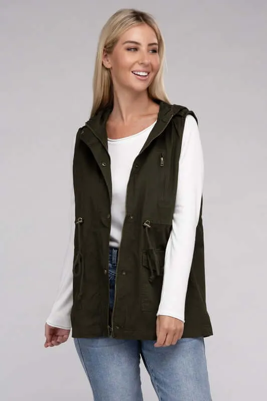 Drawstring Waist Military Hoodie Vest Jacket