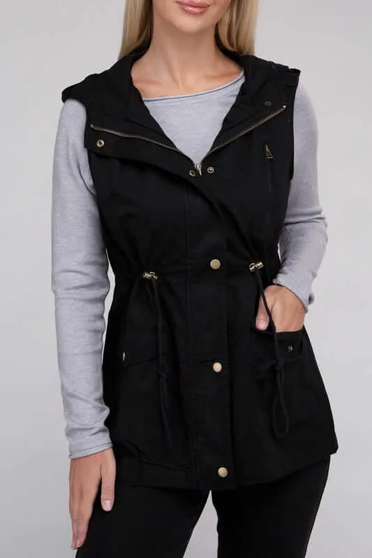 Drawstring Waist Military Hoodie Vest Jacket