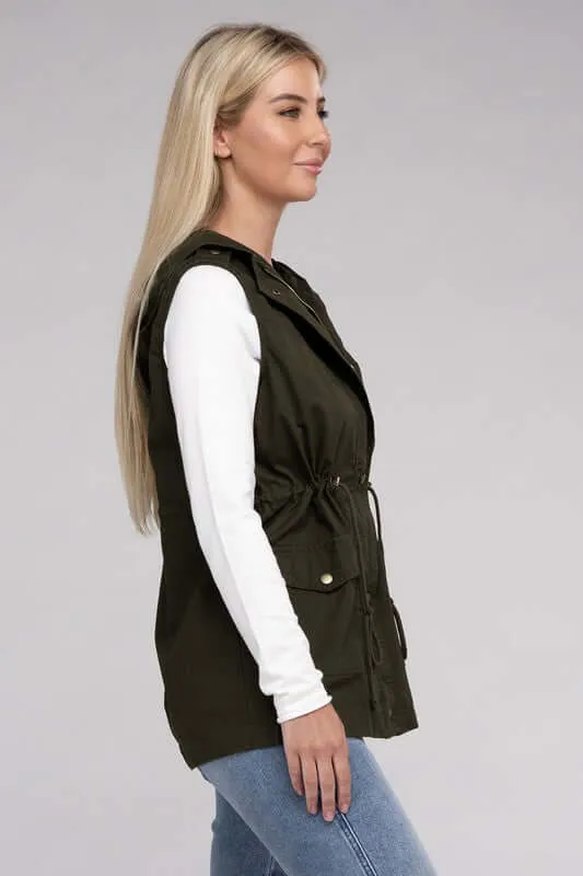 Drawstring Waist Military Hoodie Vest Jacket