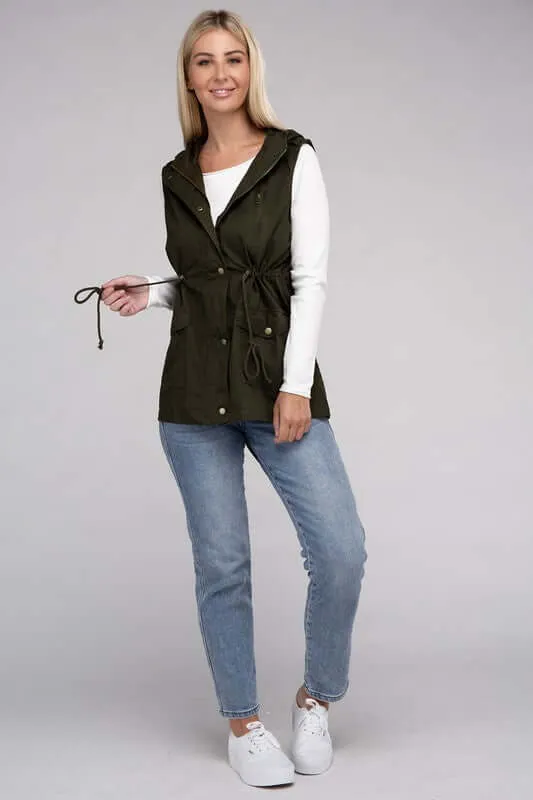 Drawstring Waist Military Hoodie Vest Jacket