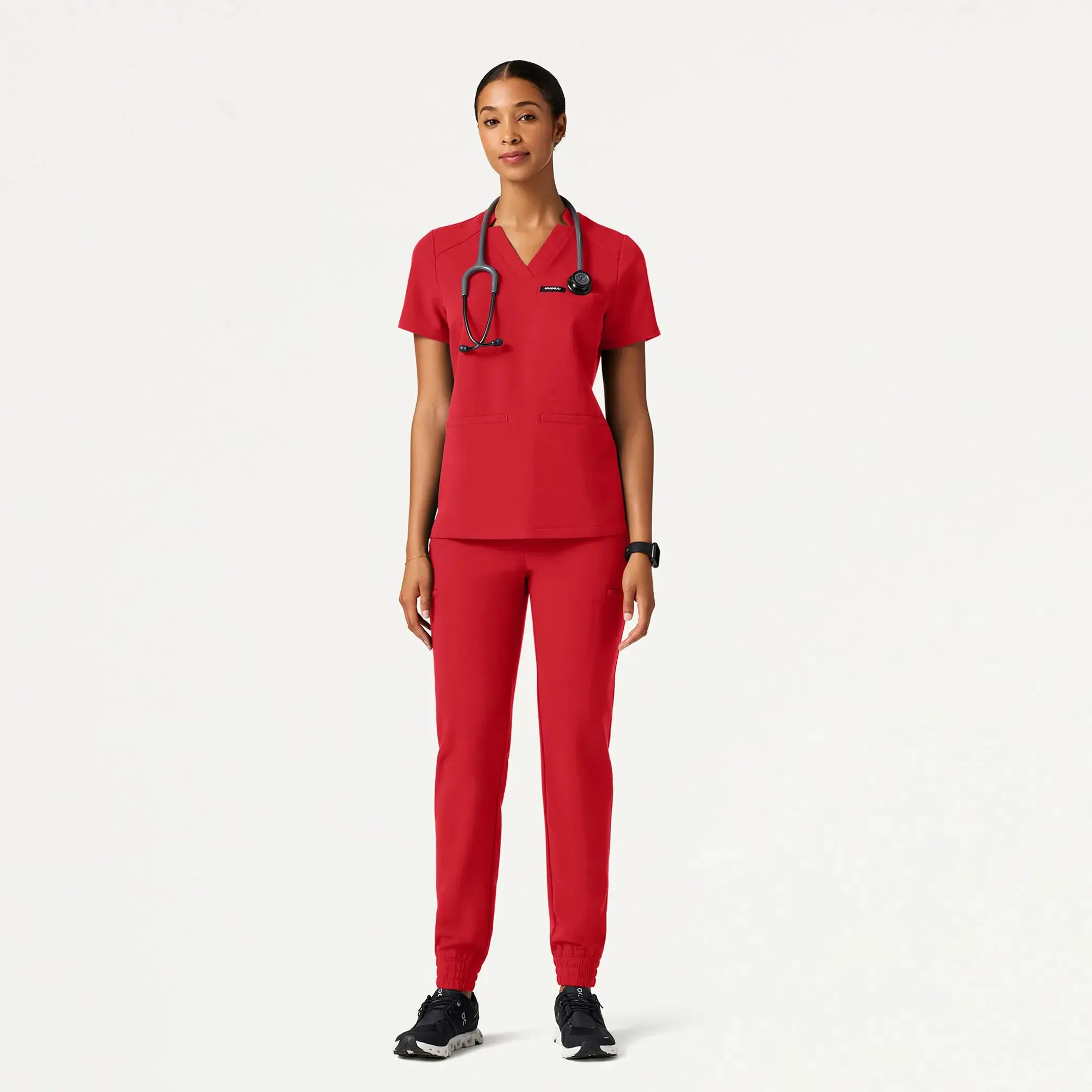 Jaanuu Women's Helia Slim Notched V-Neck Scrub Top - Brilliant Red