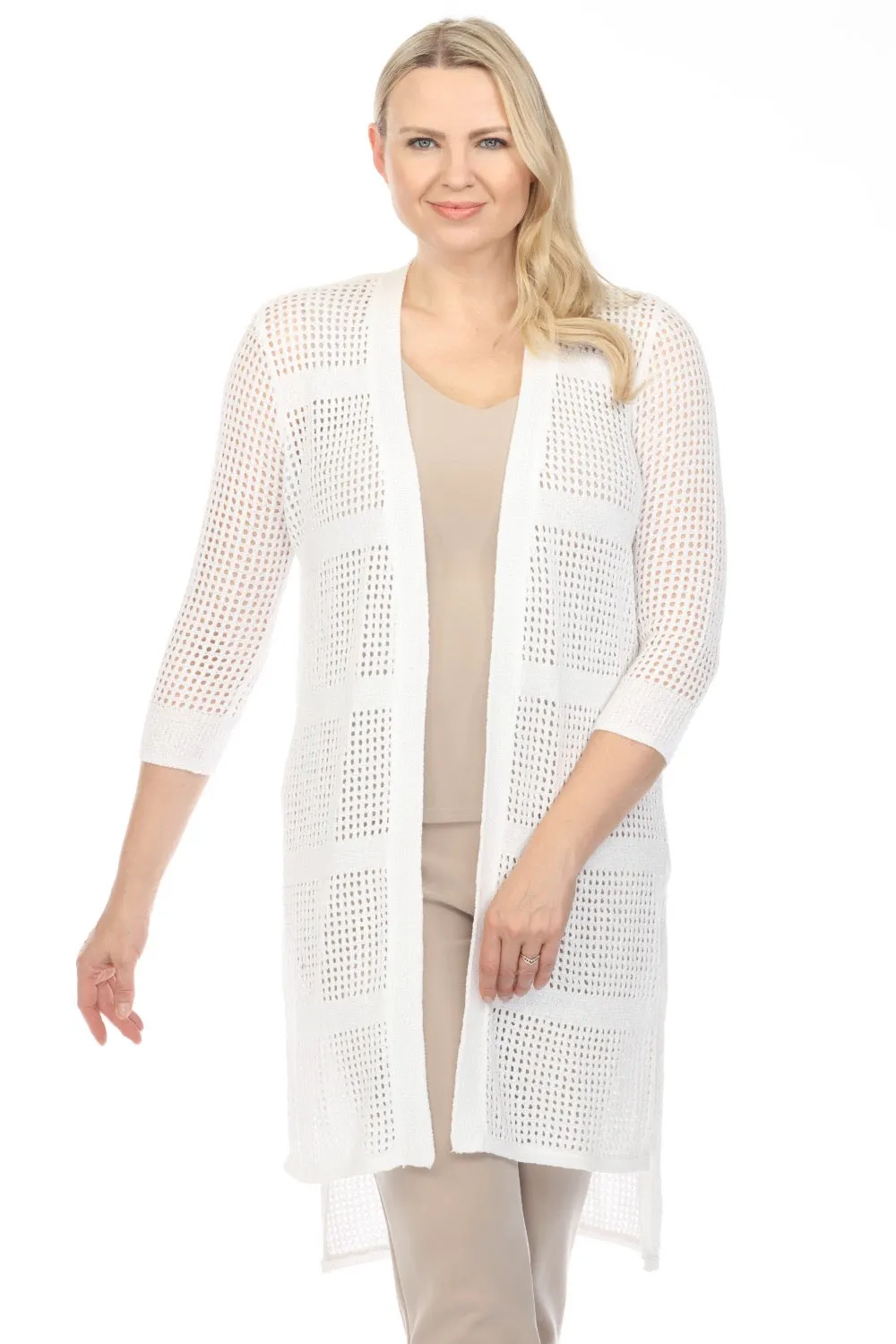 Joseph Ribkoff Vanilla Open-Knit Open Front Hi-Low Longline Cardigan 242901