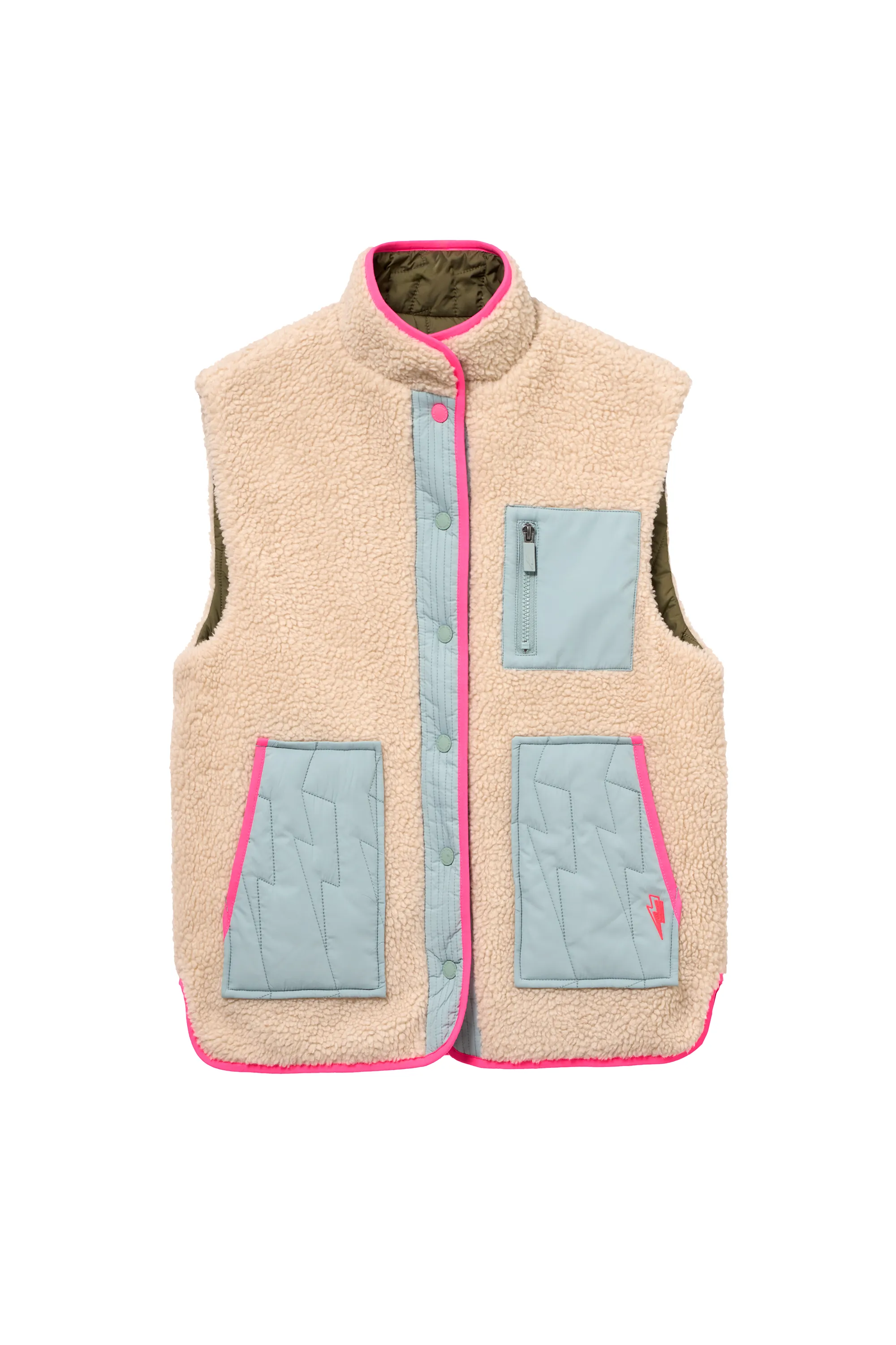 Khaki Reversible Quilted Lightning Bolt with Borg Gilet