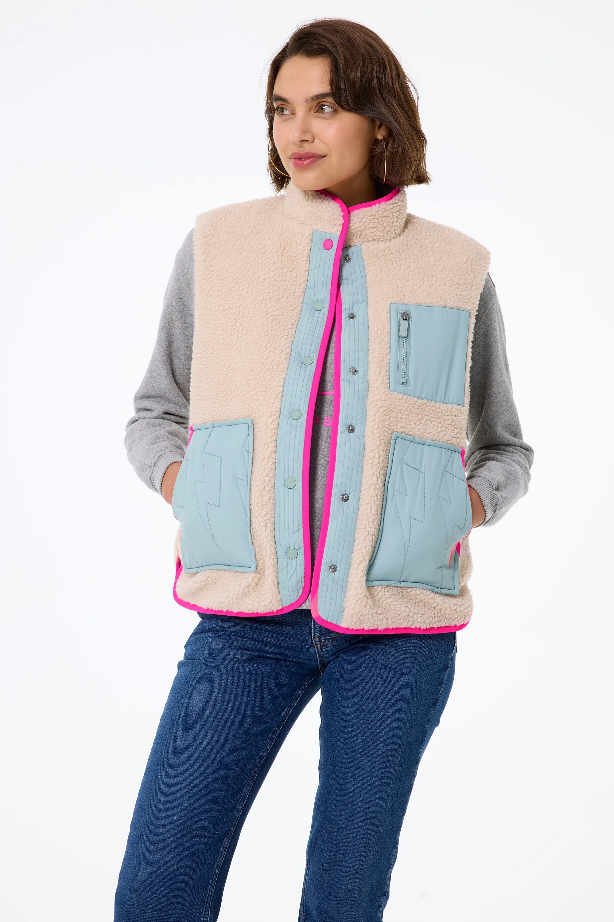 Khaki Reversible Quilted Lightning Bolt with Borg Gilet