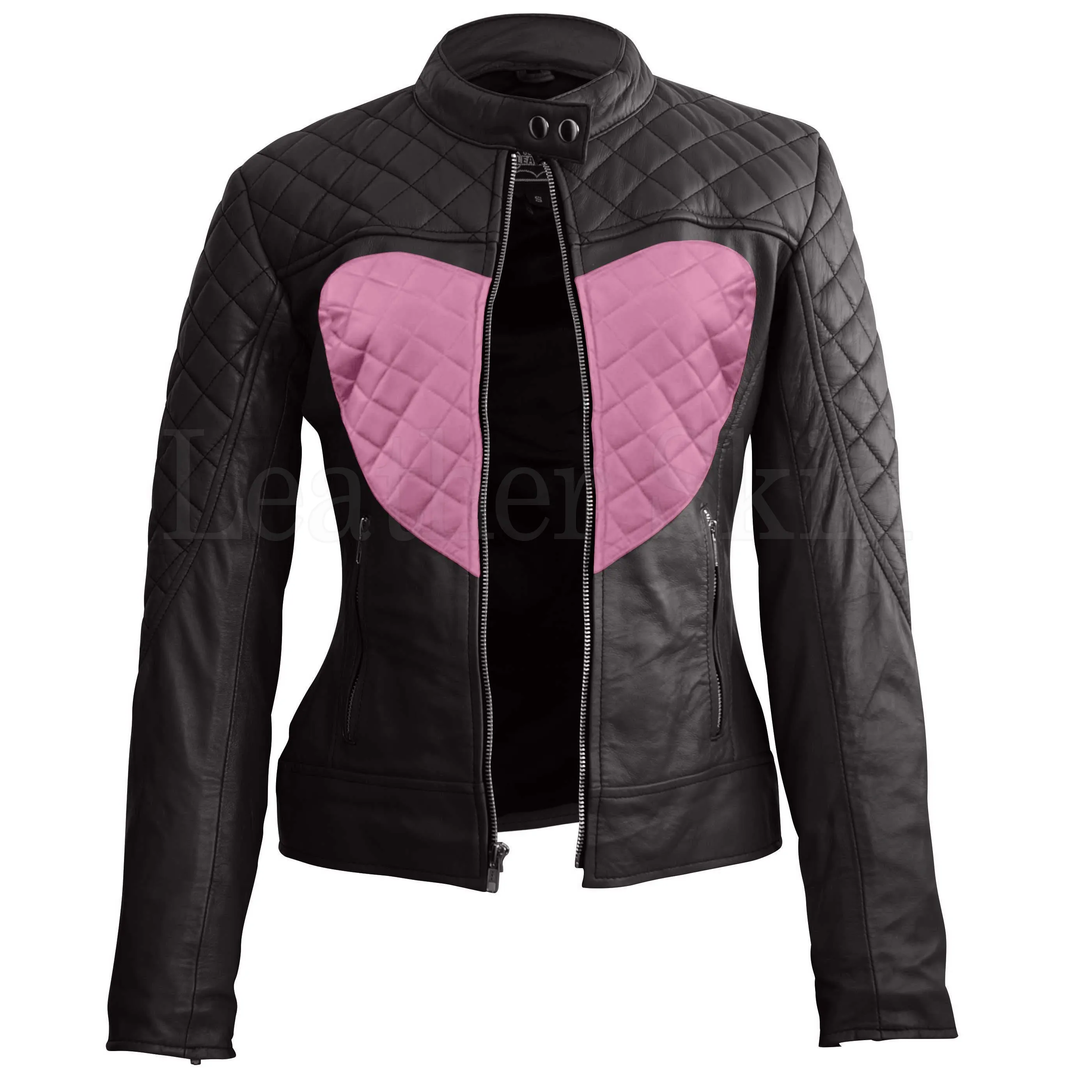 Leather Skin Women Shoulder Quilted Pink Love Heart Genuine Leather Jacket