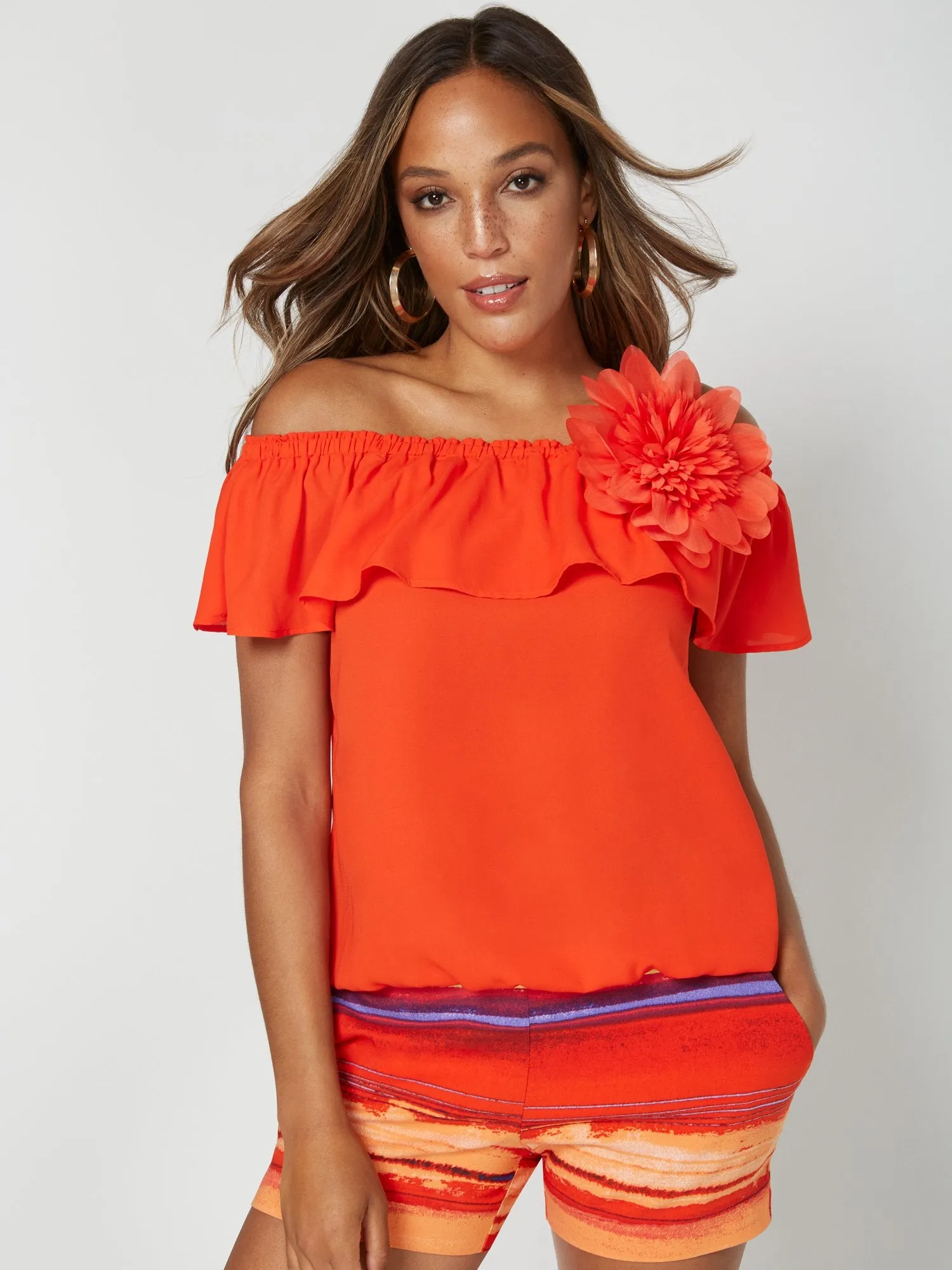 Off-The-Shoulder Flower-Pin Top