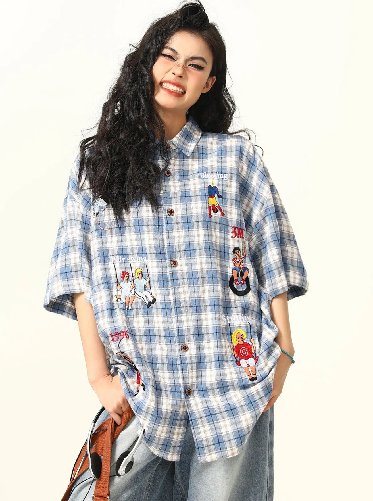 Playful Cartoon Oversized Plaid Button-Up Shirt