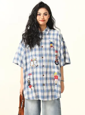 Playful Cartoon Oversized Plaid Button-Up Shirt