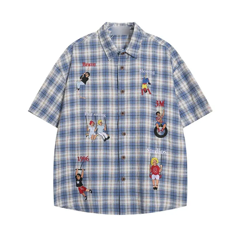 Playful Cartoon Oversized Plaid Button-Up Shirt