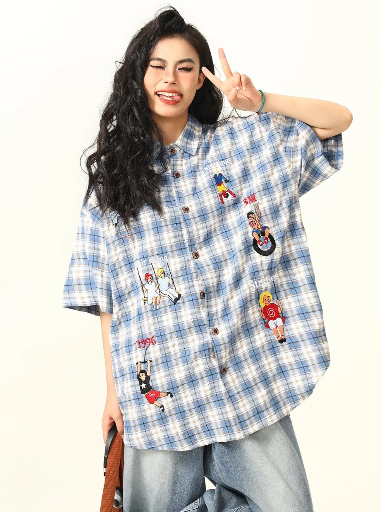 Playful Cartoon Oversized Plaid Button-Up Shirt