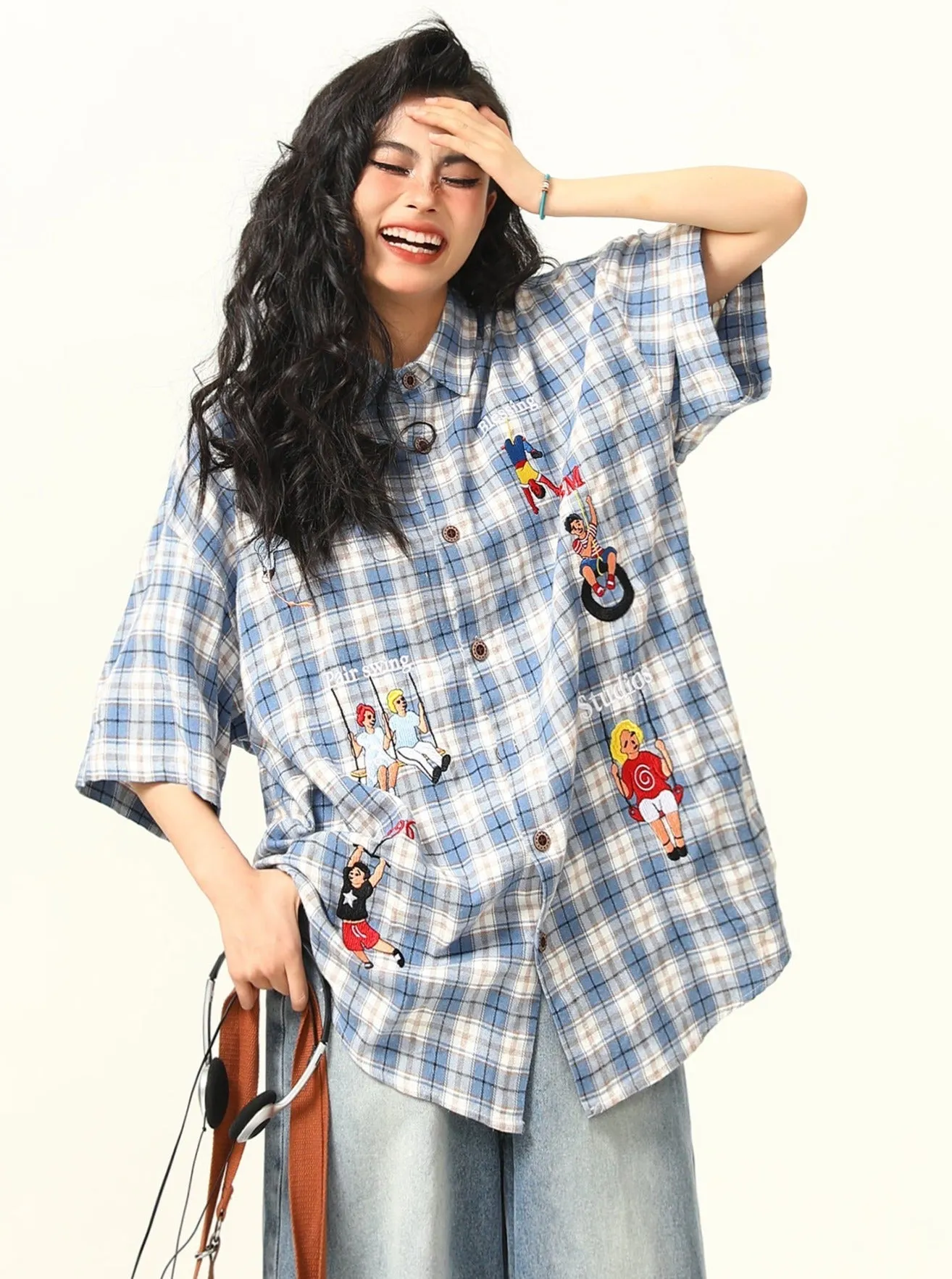 Playful Cartoon Oversized Plaid Button-Up Shirt