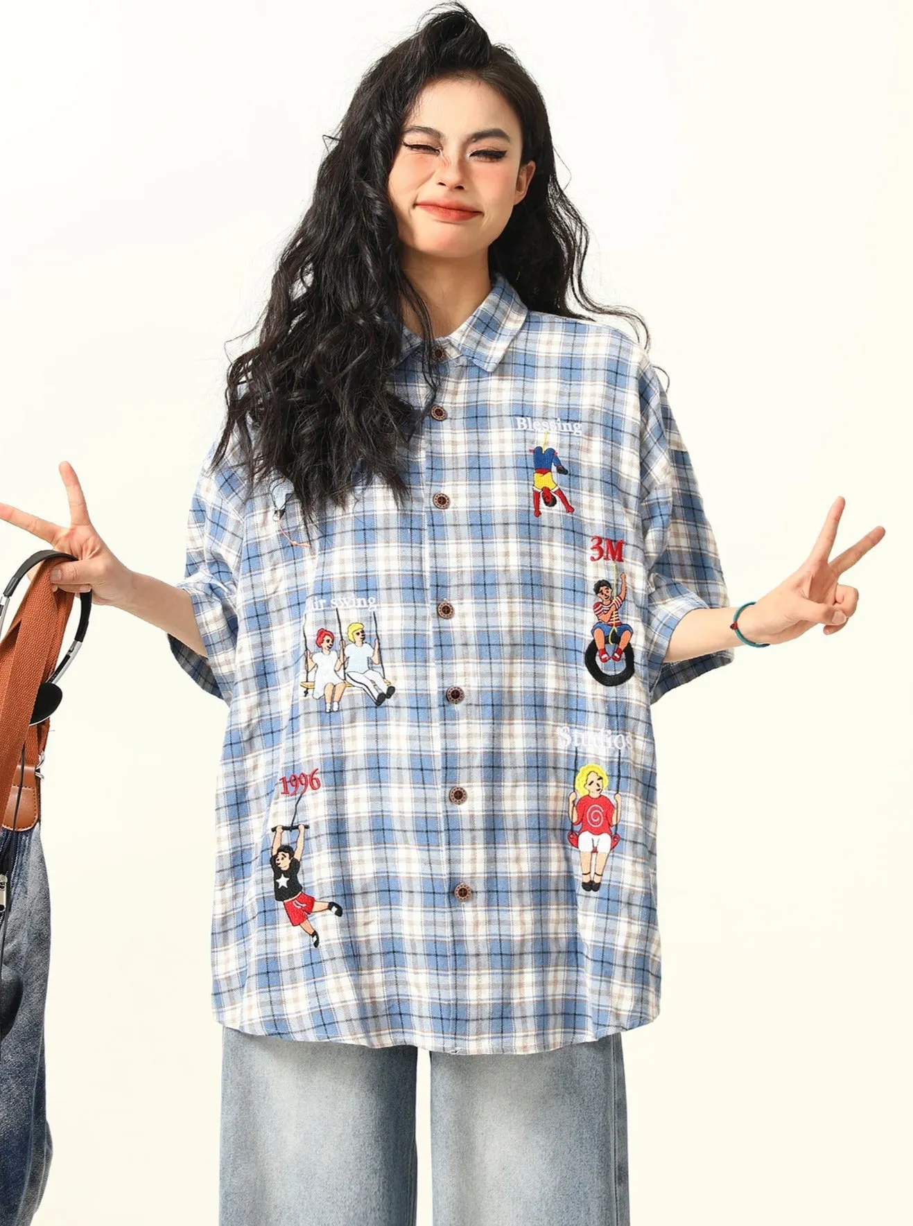 Playful Cartoon Oversized Plaid Button-Up Shirt