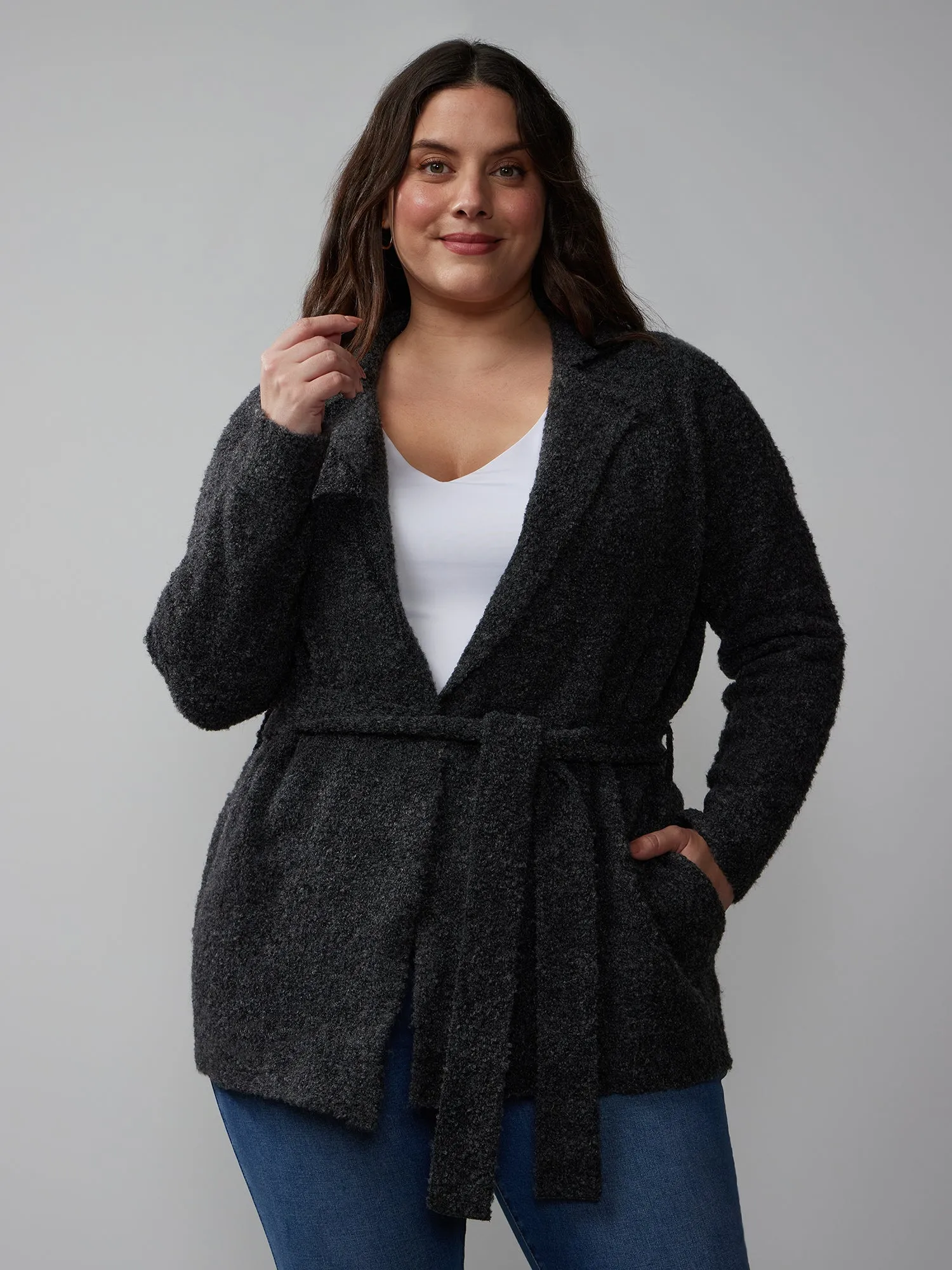 Plus Long Sleeve Boucle Collared Cardigan