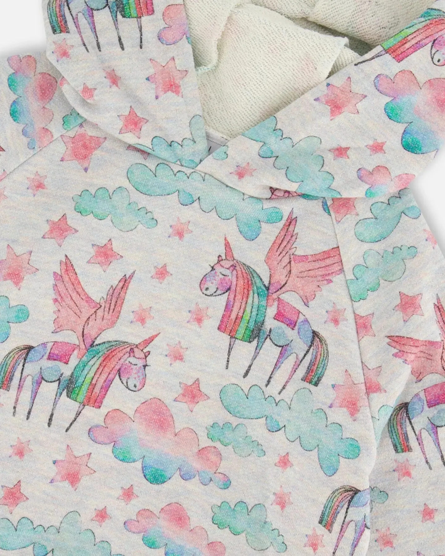 Printed Shiny French Terry Hoodie Gray Mix Printed Unicorn