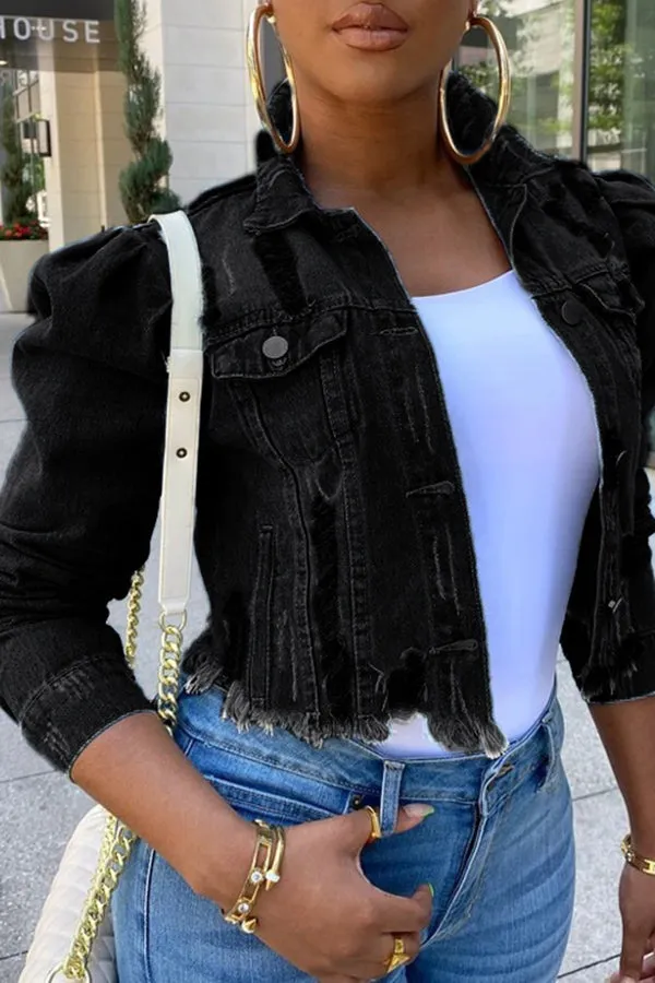 Puff Sleeve Pockets Denim Jacket