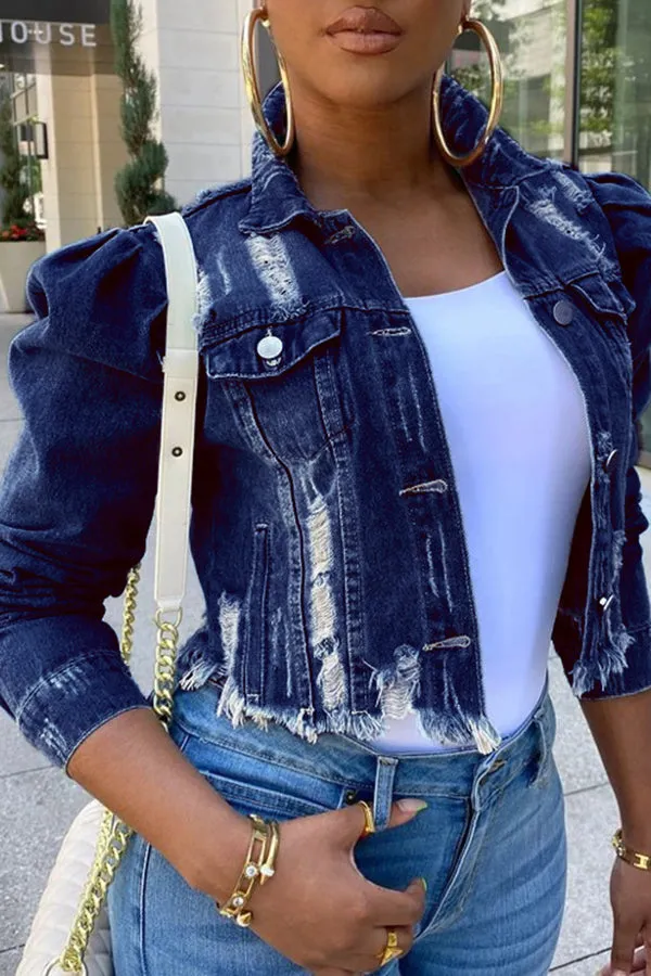 Puff Sleeve Pockets Denim Jacket