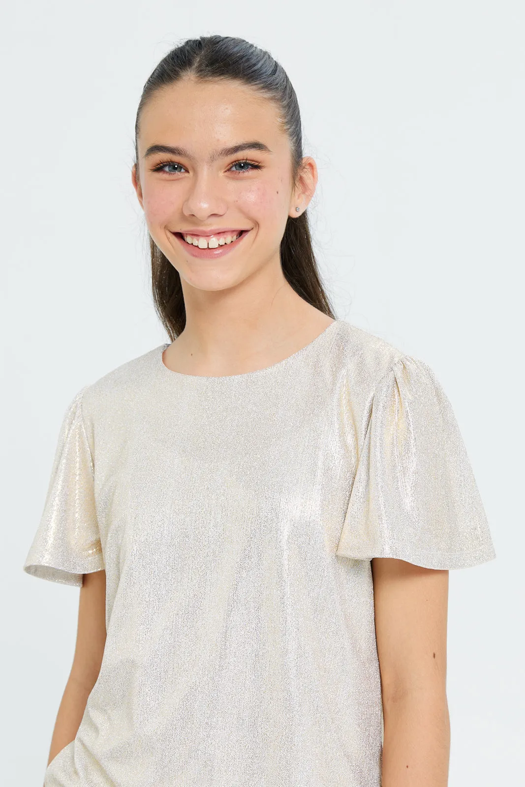 Senior Girls Gold Metallic Ruffle Sleeve Top