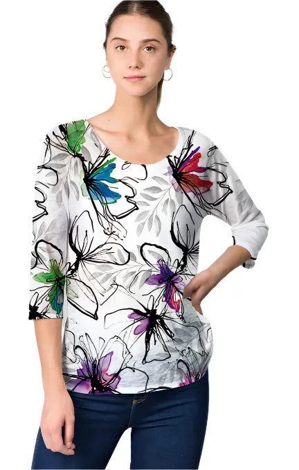 Shirt 3/4 Sleeve Multi Color White Abstract Fiona C2001781